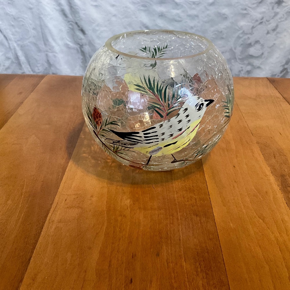Fifth Avenue Crystal Hand Painted Crackle Glass Golden Finch‎ Candle Holder